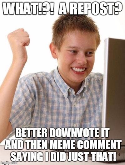 First Day On The Internet Kid...You Know Who You Are. | WHAT!?!  A REPOST? BETTER DOWNVOTE IT AND THEN MEME COMMENT SAYING I DID JUST THAT! | image tagged in memes,first day on the internet kid | made w/ Imgflip meme maker