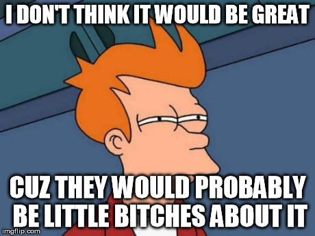 Futurama Fry Meme | I DON'T THINK IT WOULD BE GREAT CUZ THEY WOULD PROBABLY BE LITTLE B**CHES ABOUT IT | image tagged in memes,futurama fry | made w/ Imgflip meme maker
