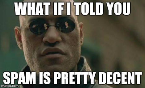 Matrix Morpheus Meme | WHAT IF I TOLD YOU SPAM IS PRETTY DECENT | image tagged in memes,matrix morpheus | made w/ Imgflip meme maker