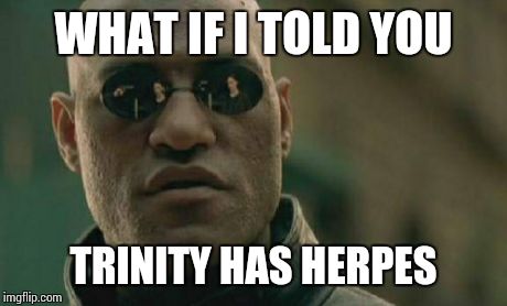 Matrix Morpheus | WHAT IF I TOLD YOU TRINITY HAS HERPES | image tagged in memes,matrix morpheus | made w/ Imgflip meme maker