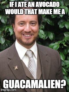 aliens | IF I ATE AN AVOCADO WOULD THAT MAKE ME A GUACAMALIEN? | image tagged in aliens | made w/ Imgflip meme maker