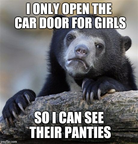 Confession Bear | I ONLY OPEN THE CAR DOOR FOR GIRLS SO I CAN SEE THEIR PANTIES | image tagged in memes,confession bear | made w/ Imgflip meme maker