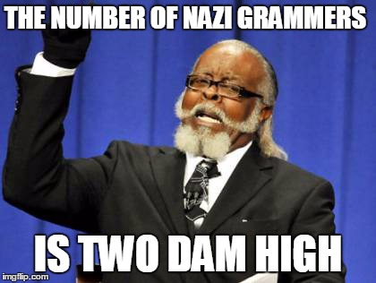 Too Damn High Meme | THE NUMBER OF NAZI GRAMMERS IS TWO DAM HIGH | image tagged in memes,too damn high | made w/ Imgflip meme maker
