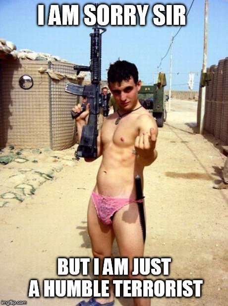 gay terrorist | I AM SORRY SIR BUT I AM JUST A HUMBLE TERRORIST | image tagged in gay terrorist | made w/ Imgflip meme maker