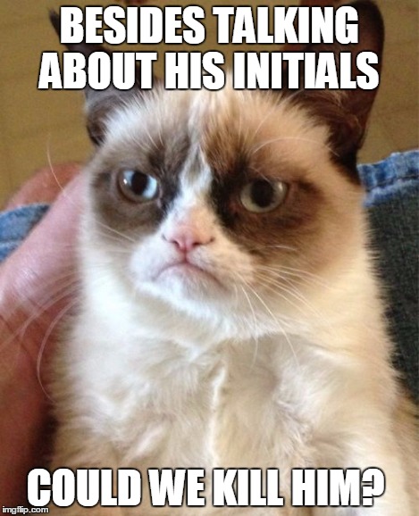 Grumpy Cat Meme | BESIDES TALKING ABOUT HIS INITIALS COULD WE KILL HIM? | image tagged in memes,grumpy cat | made w/ Imgflip meme maker