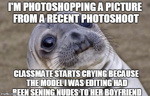 In the unlikely situation of the model seeing this. Fuck you for this | I'M PHOTOSHOPPING A PICTURE FROM A RECENT PHOTOSHOOT CLASSMATE STARTS CRYING BECAUSE THE MODEL I WAS EDITING HAD BEEN SENING NUDES TO HER BO | image tagged in memes,awkward moment sealion | made w/ Imgflip meme maker