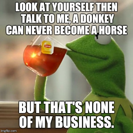 But That's None Of My Business Meme | LOOK AT YOURSELF THEN TALK TO ME, A DONKEY CAN NEVER BECOME A HORSE BUT THAT'S NONE OF MY BUSINESS. | image tagged in memes,but thats none of my business,kermit the frog | made w/ Imgflip meme maker