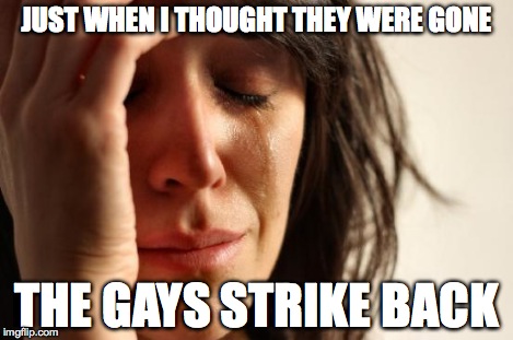 First World Problems Meme | JUST WHEN I THOUGHT THEY WERE GONE THE GAYS STRIKE BACK | image tagged in memes,first world problems | made w/ Imgflip meme maker