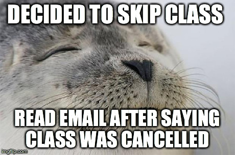 Satisfied Seal | DECIDED TO SKIP CLASS READ EMAIL AFTER SAYING CLASS WAS CANCELLED | image tagged in memes,satisfied seal,AdviceAnimals | made w/ Imgflip meme maker