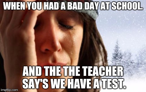 1st World Canadian Problems Meme | WHEN YOU HAD A BAD DAY AT SCHOOL. AND THE THE TEACHER SAY'S WE HAVE A TEST. | image tagged in memes,1st world canadian problems | made w/ Imgflip meme maker