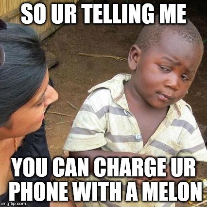 Third World Skeptical Kid Meme | SO UR TELLING ME YOU CAN CHARGE UR PHONE WITH A MELON | image tagged in memes,third world skeptical kid | made w/ Imgflip meme maker