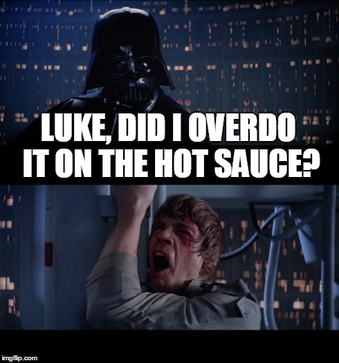 Star Wars No Meme | LUKE, DID I OVERDO IT ON THE HOT SAUCE? | image tagged in memes,star wars no | made w/ Imgflip meme maker