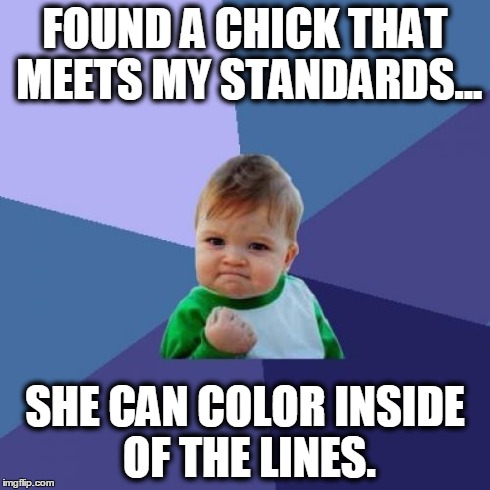 Success Kid | FOUND A CHICK THAT MEETS MY STANDARDS... SHE CAN COLOR INSIDE OF THE LINES. | image tagged in memes,success kid | made w/ Imgflip meme maker
