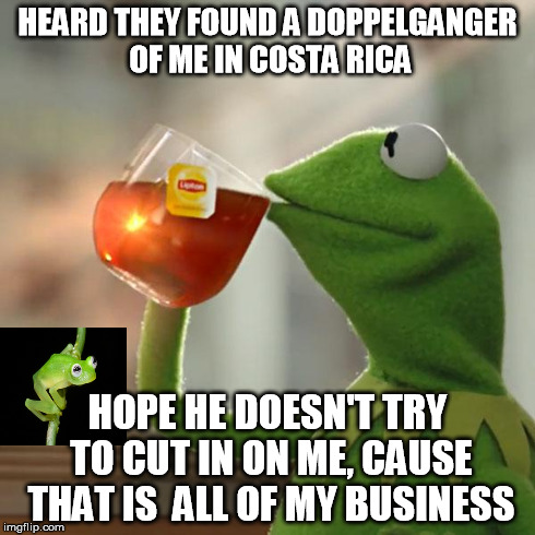 But That's None Of My Business | HEARD THEY FOUND A DOPPELGANGER OF ME IN COSTA RICA HOPE HE DOESN'T TRY TO CUT IN ON ME, CAUSE THAT IS  ALL OF MY BUSINESS | image tagged in memes,but thats none of my business,kermit the frog | made w/ Imgflip meme maker