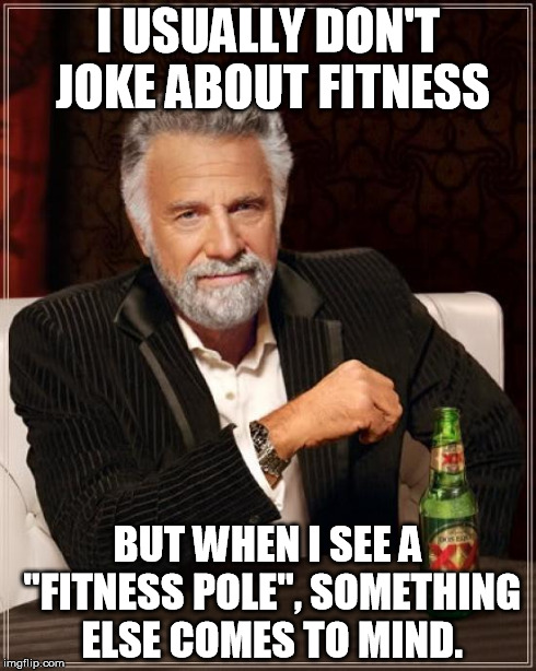 The Most Interesting Man In The World | I USUALLY DON'T JOKE ABOUT FITNESS BUT WHEN I SEE A "FITNESS POLE", SOMETHING ELSE COMES TO MIND. | image tagged in memes,the most interesting man in the world | made w/ Imgflip meme maker