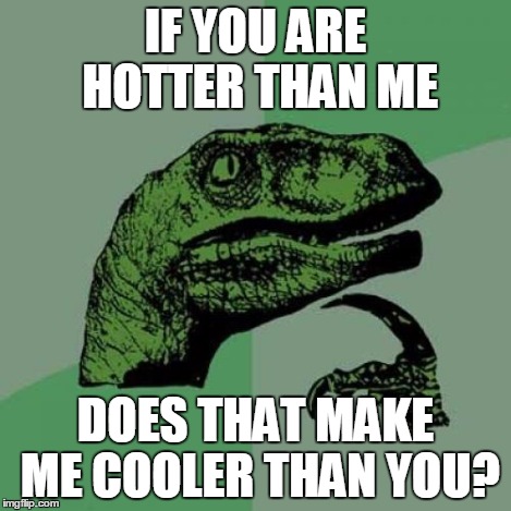 Philosoraptor | IF YOU ARE HOTTER THAN ME DOES THAT MAKE ME COOLER THAN YOU? | image tagged in memes,philosoraptor | made w/ Imgflip meme maker