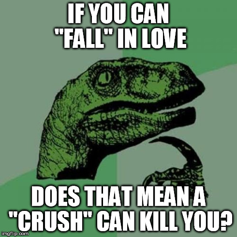 Philosoraptor | IF YOU CAN "FALL" IN LOVE DOES THAT MEAN A "CRUSH" CAN KILL YOU? | image tagged in memes,philosoraptor,funny | made w/ Imgflip meme maker