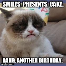 SMILES, PRESENTS, CAKE. DANG. ANOTHER BIRTHDAY. | image tagged in grumpy cat birthday hat,grumpy cat | made w/ Imgflip meme maker