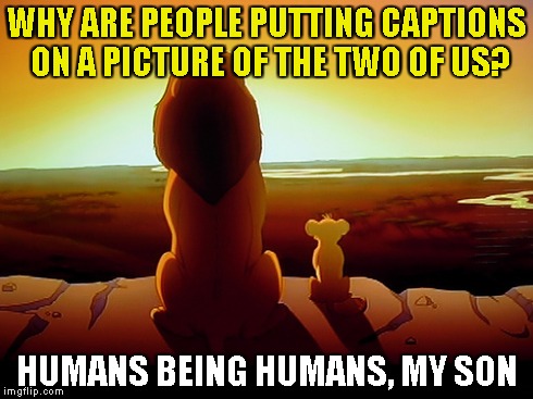 Lion King | WHY ARE PEOPLE PUTTING CAPTIONS ON A PICTURE OF THE TWO OF US? HUMANS BEING HUMANS, MY SON | image tagged in memes,lion king | made w/ Imgflip meme maker