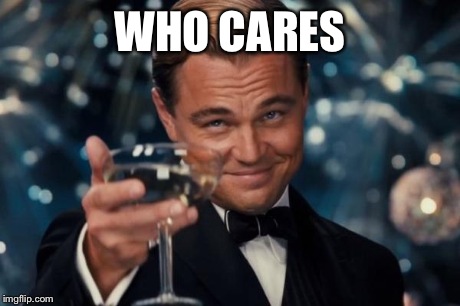 Leonardo Dicaprio Cheers Meme | WHO CARES | image tagged in memes,leonardo dicaprio cheers | made w/ Imgflip meme maker