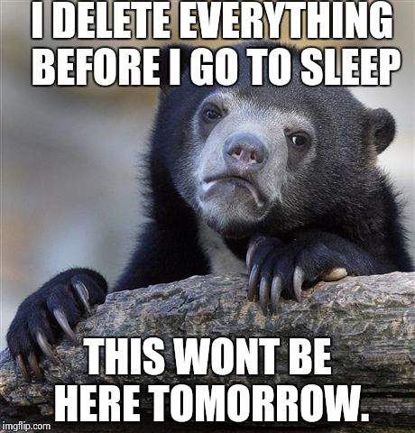 Confession Bear | I DELETE EVERYTHING BEFORE I GO TO SLEEP THIS WONT BE HERE TOMORROW. | image tagged in memes,confession bear | made w/ Imgflip meme maker