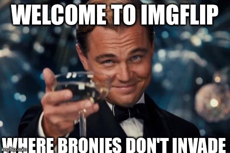 Leonardo Dicaprio Cheers | WELCOME TO IMGFLIP WHERE BRONIES DON'T INVADE | image tagged in memes,leonardo dicaprio cheers | made w/ Imgflip meme maker
