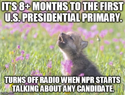 Baby Insanity Wolf Meme | IT'S 8+ MONTHS TO THE FIRST U.S. PRESIDENTIAL PRIMARY. TURNS OFF RADIO WHEN NPR STARTS TALKING ABOUT ANY CANDIDATE. | image tagged in memes,baby insanity wolf | made w/ Imgflip meme maker