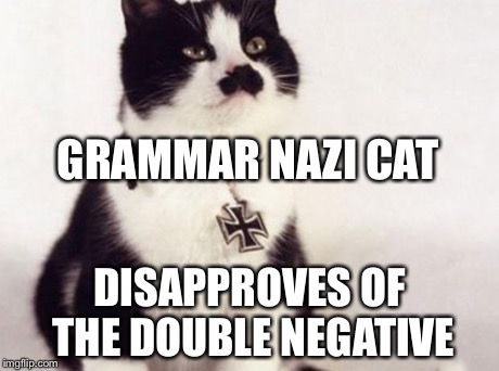 Nazi cat | GRAMMAR NAZI CAT DISAPPROVES OF THE DOUBLE NEGATIVE | image tagged in nazi cat | made w/ Imgflip meme maker