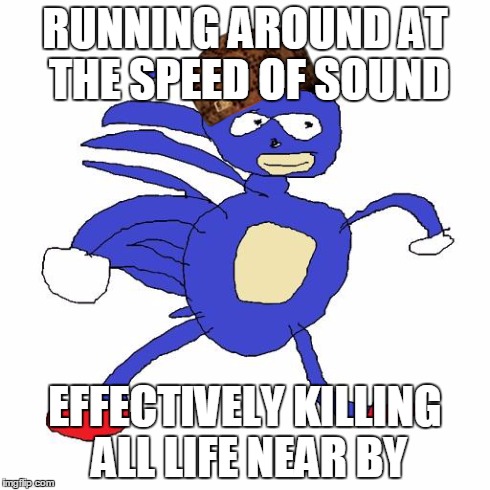 Sanic | RUNNING AROUND AT THE SPEED OF SOUND EFFECTIVELY KILLING ALL LIFE NEAR BY | image tagged in sanic,scumbag | made w/ Imgflip meme maker