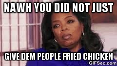 Oprah U Did Not Just... | NAWH YOU DID NOT JUST GIVE DEM PEOPLE FRIED CHICKEN | image tagged in oprah u did not just | made w/ Imgflip meme maker