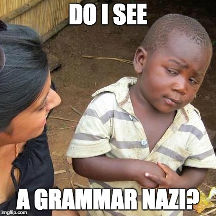 Third World Skeptical Kid Meme | DO I SEE A GRAMMAR NAZI? | image tagged in memes,third world skeptical kid | made w/ Imgflip meme maker