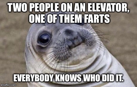 Awkward Moment Sealion | TWO PEOPLE ON AN ELEVATOR, ONE OF THEM FARTS EVERYBODY KNOWS WHO DID IT. | image tagged in memes,awkward moment sealion | made w/ Imgflip meme maker