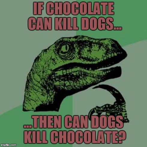 Philosoraptor Meme | IF CHOCOLATE CAN KILL DOGS... ...THEN CAN DOGS KILL CHOCOLATE? | image tagged in memes,philosoraptor | made w/ Imgflip meme maker