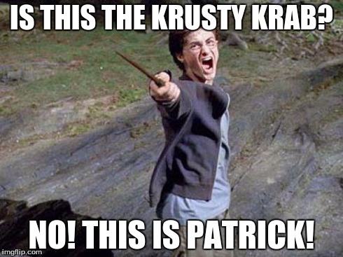 It's Patrick! | IS THIS THE KRUSTY KRAB? NO! THIS IS PATRICK! | image tagged in harry potter yelling,krusty krab,patrick,this is patrick,is this the krusty krab,memes | made w/ Imgflip meme maker