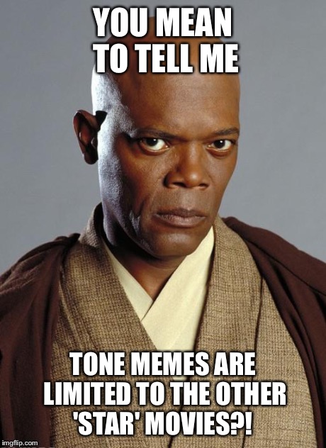 Mace Windu | YOU MEAN TO TELL ME TONE MEMES ARE LIMITED TO THE OTHER 'STAR' MOVIES?! | image tagged in mace windu | made w/ Imgflip meme maker