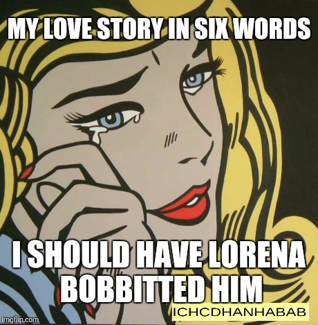 MY LOVE STORY IN SIX WORDS I SHOULD HAVE LORENA BOBBITTED HIM | image tagged in original meme | made w/ Imgflip meme maker