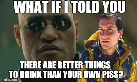 Matrix Morpheus | WHAT IF I TOLD YOU THERE ARE BETTER THINGS TO DRINK THAN YOUR OWN PISS? | image tagged in memes,matrix morpheus,bear grylls | made w/ Imgflip meme maker