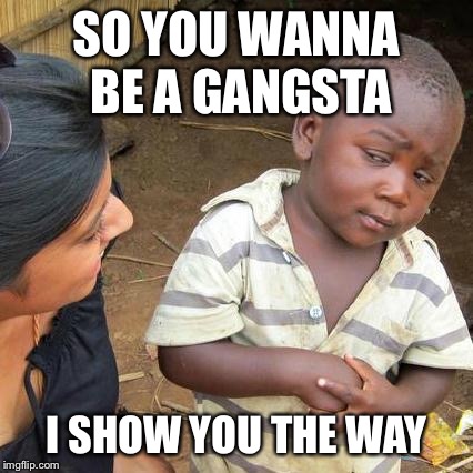 Third World Skeptical Kid | SO YOU WANNA BE A GANGSTA I SHOW YOU THE WAY | image tagged in memes,third world skeptical kid | made w/ Imgflip meme maker