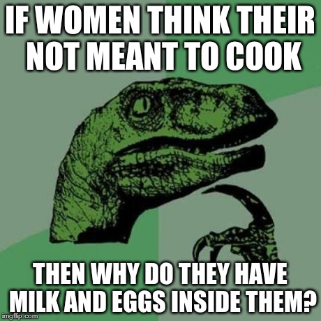 Philosoraptor | IF WOMEN THINK THEIR NOT MEANT TO COOK THEN WHY DO THEY HAVE MILK AND EGGS INSIDE THEM? | image tagged in memes,philosoraptor | made w/ Imgflip meme maker