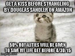 Sad Cat Meme | GET A KISS BEFORE STRANGLING BY DOUGLAS SANDLER ON AMAZON 50% ROYALITIES WILL BE GIVEN TO SAVE MY LIFE GET BEFORE 4/30/15 | image tagged in memes,sad cat | made w/ Imgflip meme maker