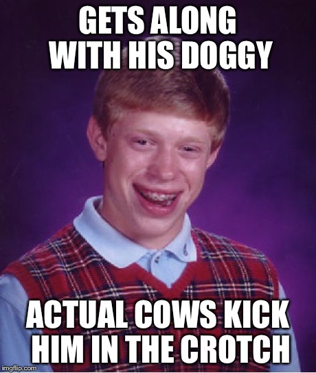 Bad Luck Brian Meme | GETS ALONG WITH HIS DOGGY ACTUAL COWS KICK HIM IN THE CROTCH | image tagged in memes,bad luck brian | made w/ Imgflip meme maker