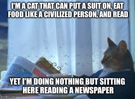 I Should Buy A Boat Cat | I'M A CAT THAT CAN PUT A SUIT ON, EAT FOOD LIKE A CIVILIZED PERSON, AND READ YET I'M DOING NOTHING BUT SITTING HERE READING A NEWSPAPER | image tagged in memes,i should buy a boat cat | made w/ Imgflip meme maker