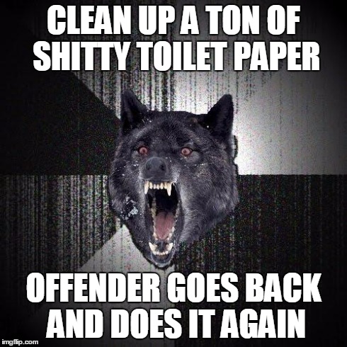 Insanity Wolf Meme | CLEAN UP A TON OF SHITTY TOILET PAPER OFFENDER GOES BACK AND DOES IT AGAIN | image tagged in memes,insanity wolf | made w/ Imgflip meme maker
