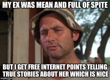 So I Got That Goin For Me Which Is Nice | MY EX WAS MEAN AND FULL OF SPITE BUT I GET FREE INTERNET POINTS TELLING TRUE STORIES ABOUT HER WHICH IS NICE | image tagged in memes,so i got that goin for me which is nice,AdviceAnimals | made w/ Imgflip meme maker