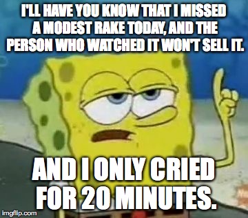 I'll Have You Know Spongebob Meme | I'LL HAVE YOU KNOW THAT I MISSED A MODEST RAKE TODAY, AND THE PERSON WHO WATCHED IT WON'T SELL IT. AND I ONLY CRIED FOR 20 MINUTES. | image tagged in memes,ill have you know spongebob | made w/ Imgflip meme maker