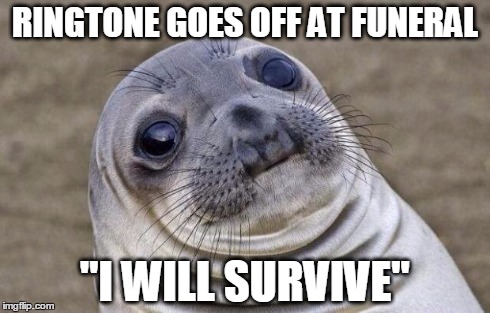 Awkward Moment Sealion | RINGTONE GOES OFF AT FUNERAL "I WILL SURVIVE" | image tagged in memes,awkward moment sealion | made w/ Imgflip meme maker