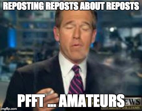 Brian Williams Smokes | REPOSTING REPOSTS ABOUT REPOSTS PFFT ... AMATEURS | image tagged in brian williams smokes | made w/ Imgflip meme maker