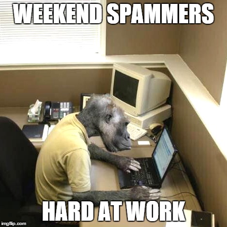 Monkey Business | WEEKEND SPAMMERS HARD AT WORK | image tagged in memes,monkey business | made w/ Imgflip meme maker