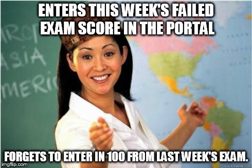 Scumbag Teacher | ENTERS THIS WEEK'S FAILED EXAM SCORE IN THE PORTAL FORGETS TO ENTER IN 100 FROM LAST WEEK'S EXAM. | image tagged in scumbag teacher | made w/ Imgflip meme maker
