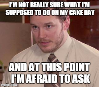 Afraid To Ask Andy (Closeup) | I'M NOT REALLY SURE WHAT I'M SUPPOSED TO DO ON MY CAKE DAY AND AT THIS POINT I'M AFRAID TO ASK | image tagged in and i'm too afraid to ask andy | made w/ Imgflip meme maker